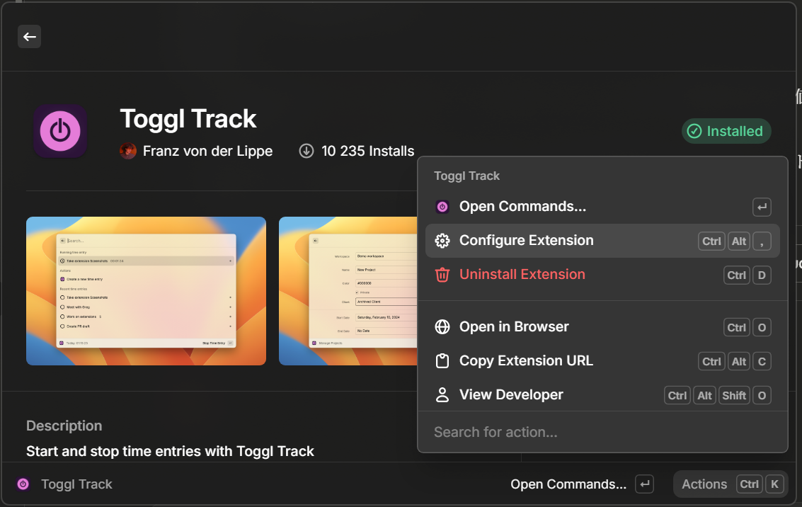 Raycast StoreのToggl Track拡張機能ページ